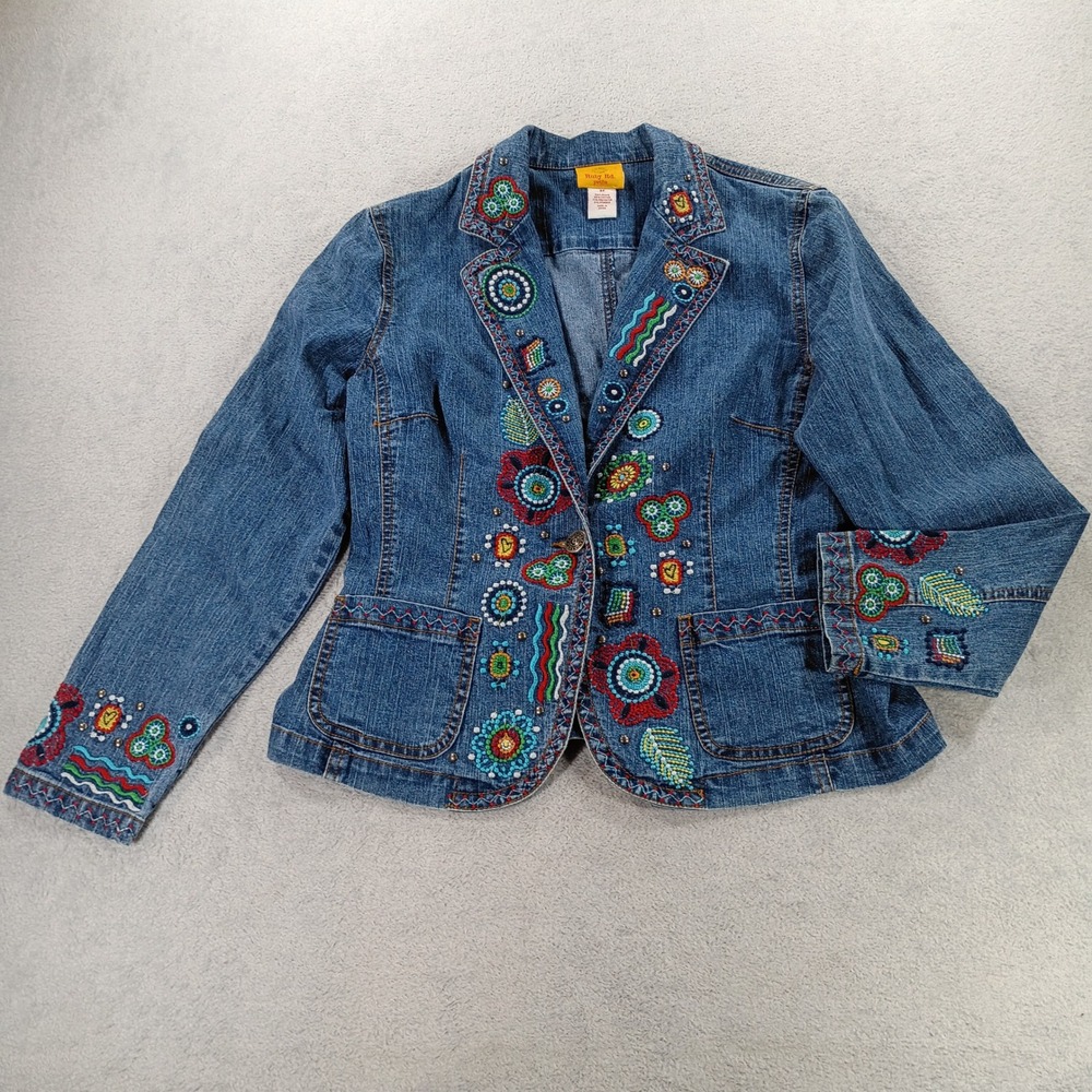 Ruby Rd Womens Petite Denim Jacket Blue 6P Embroidered Studded Boho